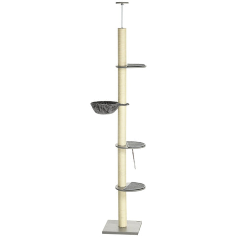 Rootz Scratching Post With Hammock - Incl. Ceiling Tensioner - Ceiling Height - Gray + Creamy White - 40 cm x 40 mx 250 cm