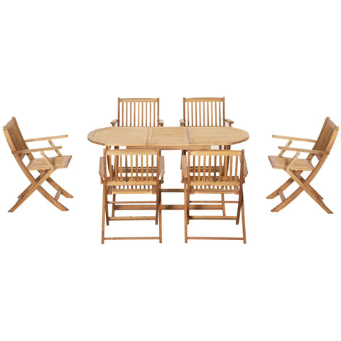 Rootz Dining Set - 7 Piece Wooden Garden Dining Set - With Umbrella Hole - Folding Dining Table And Armchairs - With Parasol Hole - 6 Seater Outdoor Patio Furniture - Poplar - Natural