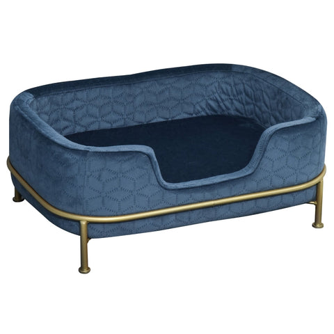 Rootz Dog Sofa - Dog Sofa with Backrest - Pet Sofa with Metal Legs - Dog Bed - Soft Cover - Cat Sofa - Metal - Blue + Gold - 63.5 x 43 x 24.5 cm