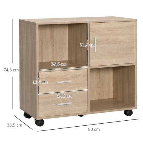 Rootz Printer Stand - Office Side Table - 2 Laden 1 Kast - 4 Wielen - Naturel - 80 cm × 38,5 cm × 74,5 cm