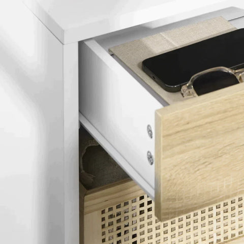 Rootz Bedside Table - Side Table - With Drawer - In Wood Look - Chipboard - White - 47.5 x 40 x 45cm