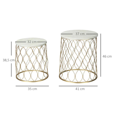 Rootz Patio Table - Garden Table - Side Table - Coffee Table - Marble & Gold Effect - Steel - Gold/White - 41 x 46cm & 35 x 38.5cm
