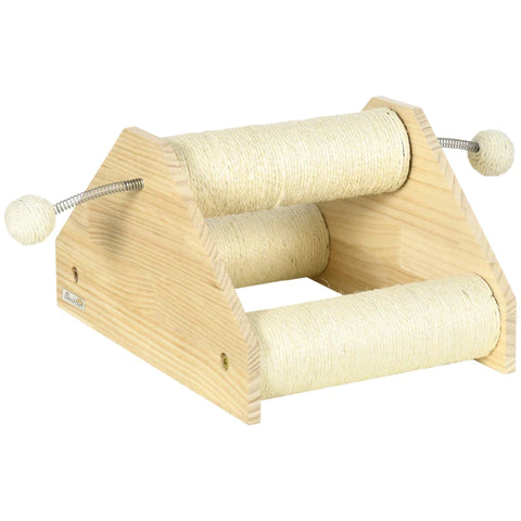 Rootz Scratching Post With Integrated Toy - Including 2 Balls With Springs - Cat Toy - Pine Wood - Natural + Cream White - 40 cm x 27.5 cm x 21 cm
