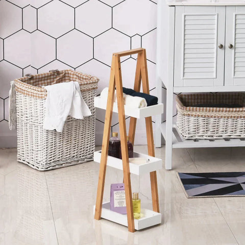 Rootz Bathroom Shelf - Bath Shelf - 3 Tier Stair Shelf - Ladder Shelf - Shelf - Bamboo - White - 30 x 18 x 81 cm
