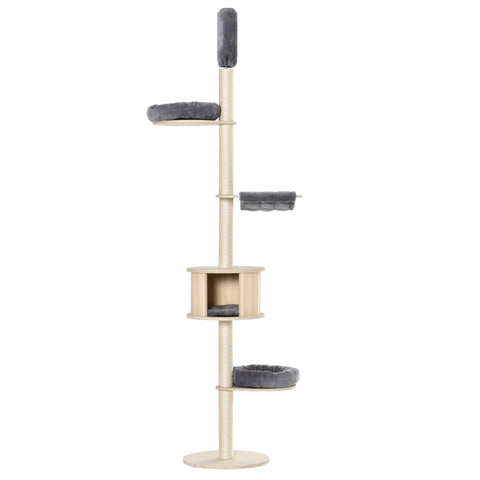 Rootz Krabpaal - Krabpaal - Klimboom voor hoog plafond - Houten kattengrot - Sisal pluche - In hoogte verstelbaar - Grijs - 50 x 50 x 232-252 cm
