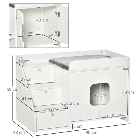 Rootz Cat Cabinet For Cat - Toilet Litter Box With 3 Steps Of Stairs - Cat House - Cat Caves - Cat Cabinet For Cat - Bed With Door Opening - White - 90 x 48 x 59 cm