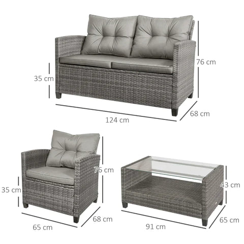 Rootz Sofa Set - Garden Furniture Set - Poly Rattan Seating Set - Double Sofa - Single Armchairs - Grey - 124 x 68 x 76 cm