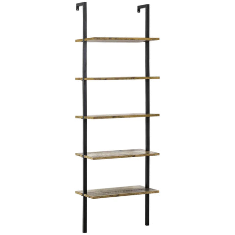 Rootz Shelf - Bookshelf - Wall Mounted Ladder Shelf - Industrial Design - 5 Shelves - Chipboard/Metal - Brown/Black - 60 cm x 30 cm x 184.5 cm