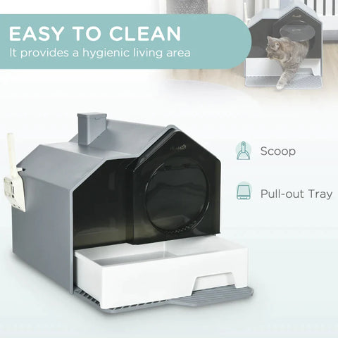 Rootz Hooded Cat Litter Tray with Scoop - Cat Litter Box with Drawer Pan - Handle - Deodorants - Hut Design - Front Entrance - Grey - 47 x 45 x 42cm
