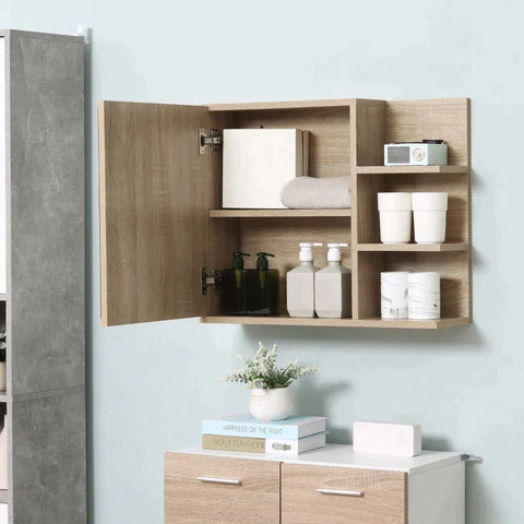 Rootz Mirror Cabinet - Mirror Door Cabinet With 5 Shelves - Chipboard - Glass - Natural - 60cm x 18cm x 50cm