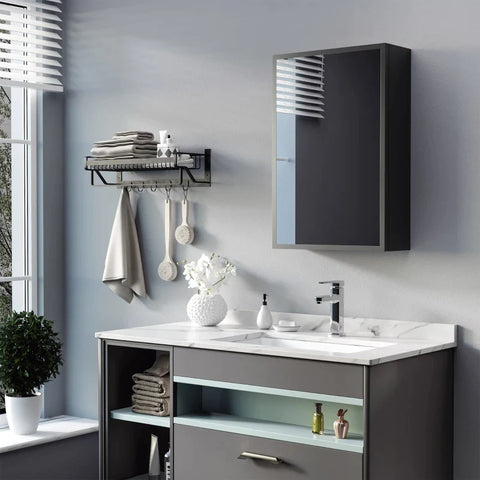 Rootz Mirror Cabinet - 3 Shelves - Soft Hinges - Steel Housing - Stainless Steel - Black - 40 x 15 x 60 cm
