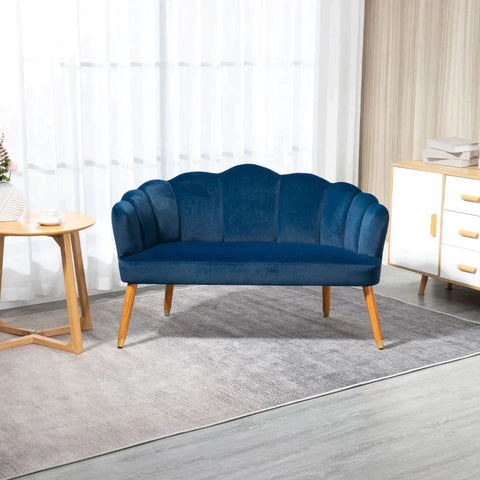 Rootz 2-seater Sofa - Retro Design - Wooden Legs - Velvet Touch - Dark Blue - 132 cm x 66 cm x 80 cm
