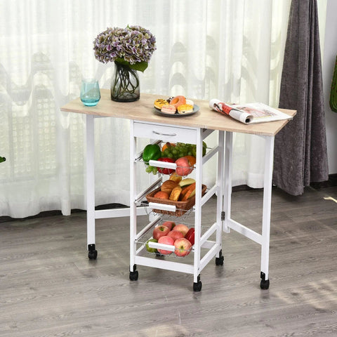 Rootz Kitchen Trolley - Drop-leaf Kitchen Trolley - Baskets Drawer - 6 Wheels Rolling Storage Unit - Kitchen - Home - Dining Cart - White/Brown - 97.2 cm x 37 cm x 77.5 cm