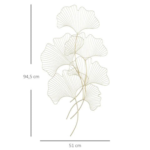 Rootz 3d Mural Modern Wall Decoration - Metal Wall Decor - Ginkgo Leaves - Gold - 51W x 3.5D x 94.5H cm