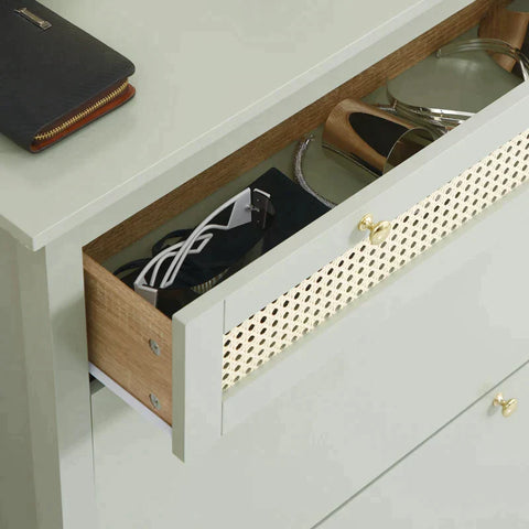 Rootz Shoe Cabinet - Shoe Chest - 2 Tilting Drawers - Stripes In Rattan Look - Anti-tip - MDF/Plastic Rattan - Green - 88 x 30 x 120cm