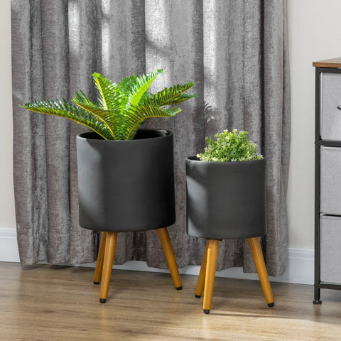 Rootz Flower Stand - Set of 2 Weather Resistant Plant Stands - with Removable Legs - Black - 31cm x 31cm x 55cm