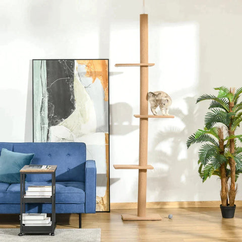 Rootz Scratching Post - Cat Tree - Cat Play Tree - Climbing Tree - Height Adjustable - Light Brown - 43 x 27 x 228-260 cm