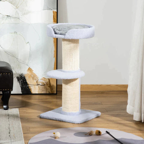 Rootz Cat Tree - Play Tree - Scratching Post With Platform - Sisal E1 Chipboard Plush - Light Blue - 45 x 45 x 91 cm