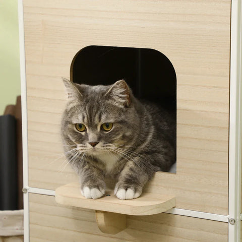 Rootz Cat House - 2 Caves - 2 Platforms - 1 Cat Bed - Washable Cushions - Scratching Mats - Mdf And Steel - Natural + White - 40L x 40W x 84H cm