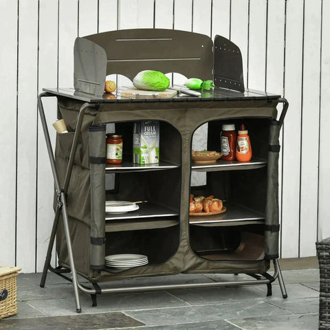 Rootz Camping Cupboard - Foldable Camping Kitchen Storage - Carrying Bag - 6 Shelves for BBQ Party - Steel - Oxford Fabric - Green - 57 x 94 x 109 cm