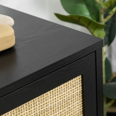 Rootz Tv Bench - Boho Design - Tv Cabinet - Rattan Elements - Solid Wood Legs - 1 Shelf 2 Cabinets - Black + Natural - 150L x 39W x 49H cm