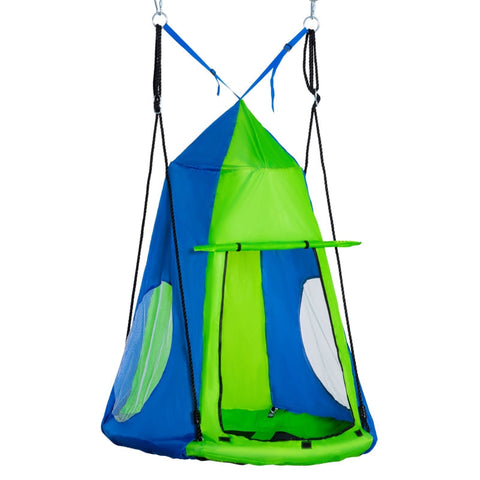 Rootz Kids Swing Hammock - Children's Swing - Nest Swing - With Tent - Round Swing - Garden Swing - With Door And Window - Metal Pipe/PE/Oxford Cloth/Polyester - Green/Blue