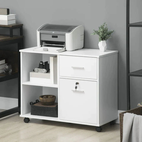 Rootz Office Cabinet - Printer Cabinet - Filing Cabinet With Wheels - Lockable Drawer - A4 Size Documents - White - 80 x 40 x 66.5cm