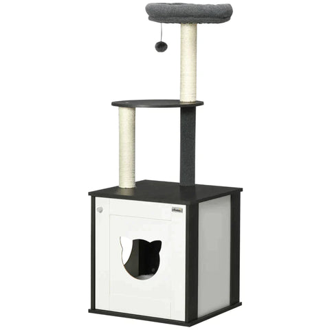 Rootz Scratching Post - Cat House - Litter Box - With Lying Cushion - 2 Platforms - Toy Ball - Dark Grey - 49 x 46 x 131.5cm