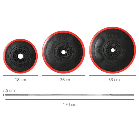 Rootz Barbell - 50 Kg - Non-slip Handle - 8 Weight Plates - Rubberized Edge - Iron - Red - 170 x 33 x 33cm