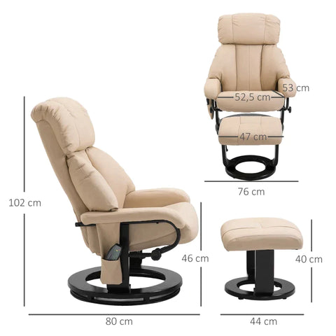 Rootz Massage Chair - Relaxation Lounger With Reclining Function - Tv Chair - Recliner Chair - Ergonomic Chair - Armchair With Stool - Beige - 76 x 80 x 102 cm