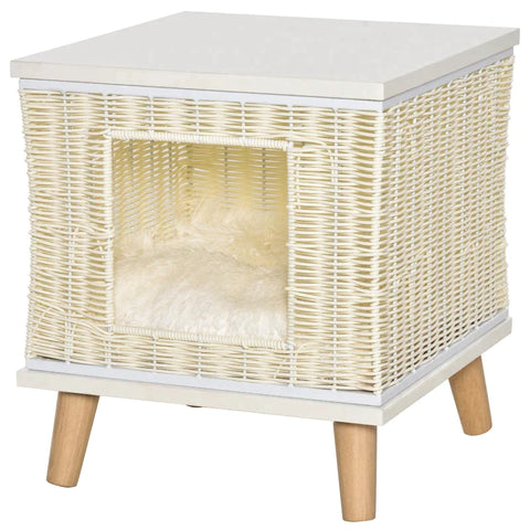 Rootz Kattenhuis - Kattenhol met Kussen - Kattenslaapplaats - Rotan Kattenmand - Kattenhut - Kattenbed - Dierenbed - Beige + Wit + Natuur - 36 x 36 x 40 cm