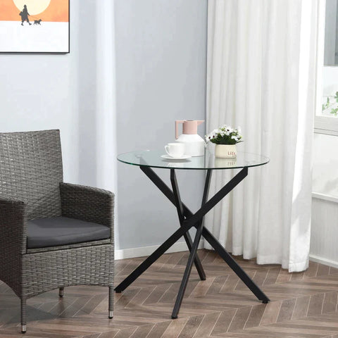 Rootz Side Table With Safety Glass - Round Coffee Table - Coffee Table - Glass Table - Living Room - Bedroom - Metal - Black - 80 x 80 x 75 cm
