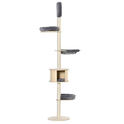 Rootz Krabpaal - Krabpaal - Klimboom voor hoog plafond - Houten kattengrot - Sisal pluche - In hoogte verstelbaar - Grijs - 50 x 50 x 232-252 cm