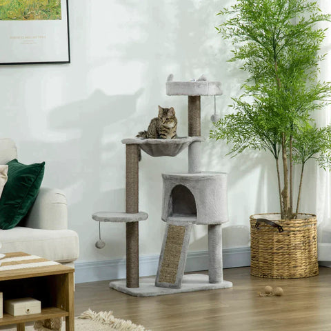 Rootz Scratching Post - Cat Cave - Cat Bed - Cat Hammock and Toys - Light Grey - 60cm x 40cm x 113cm