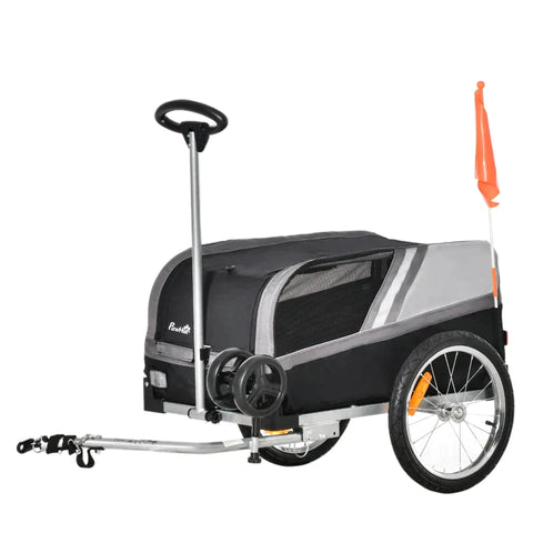 Rootz Hundeanhänger – 2-in-1-Hundeanhänger – Trolley für Haustiere – Fahrradanhänger – Hundetransporter – atmungsaktiv – Metall – Oxford-Stoff – Schwarz + Grau + Silber – 130 x 64 x 92 cm