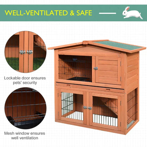 Rootz Dwarf Rabbit Hutch - Small Animal Hutch - Two Tier Structure With Slide - Fir Wood - Light Red - 100.5 x 55 x 101 cm