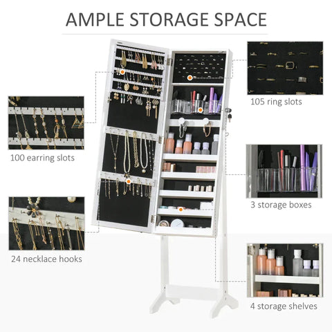 Rootz Jewelry Cabinet - Full-Length Mirror - Lockable Jewellery Organiser - With LED Light - 46 cm x 36.5 cm x 151.5 cm