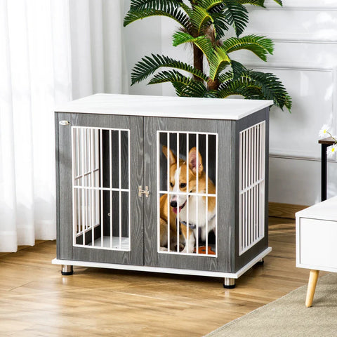 Rootz Transport Box - Dog Cage - For Medium And Small Dogs - Lockable - Wood-based - Steel - Gray + White - 85W x 55D x 75H cm