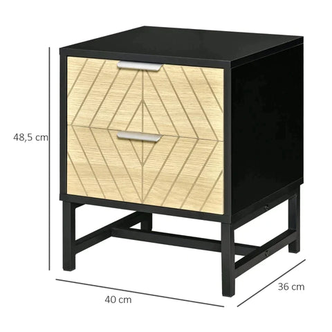 Rootz Bedside Table - 2 Large Drawers - Retro Antique Style - Bedroom - Living Room - Chipboard - Metal - Black + Natural - 40 cm x 36 cm x 48.5 cm