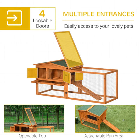 Rootz Small Animal Hutch - Rabbit Hutch - Rabbit Hutch And Run - Bunny Cage - Wooden Guinea Pig Hide House - With Sliding Tray - Fir Wood - Golden Red - 156 x 58 x 68cm