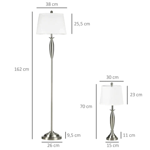 Rootz Vloerlamp - Bedlamp - 3-delige Lichtset - 1 Vloerlamp - 2 Tafellampen - Linnen Look - Zilver/Wit - 38cm x 38cm x 158cm