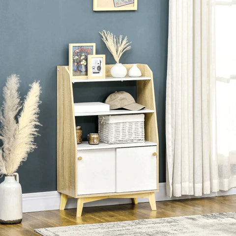 Rootz Sideboard - Sideboard With 2 Shelves And 1 Cupboard -  Living Room - Children's Room - Playroom - White + Natural Wood - 58 cm x 30 cm x 93 cm