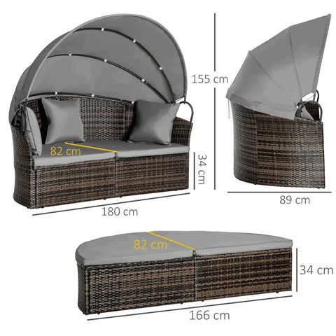 Rootz Poly Rattan Sun Island - Sun Island Foldable Sun Canopy - Seat Cushions - Pillows - Polyester - Grey - 171 cm x 180 cm x 155 cm