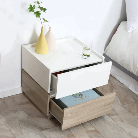 Rootz Bedside Table - Coffee Table With Drawer - White + Natural - 50 cm x 4 cm x 47.5 cm