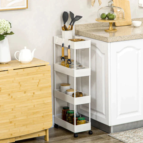 Rootz Kitchen Trolley - Serving Trolley - Kitchen Cart - With 4 Shelves - 3 Flexible Hooks - 4 Casters - White - 40cm x 19cm x 90cm