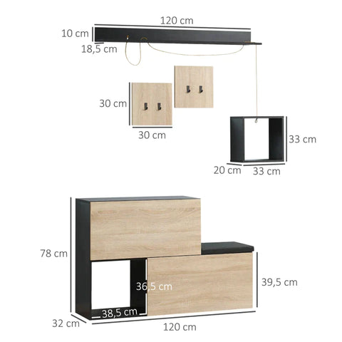 Rootz 4-in-1-Kleiderschrank – Schuhbank und Wandregal – Aufbewahrungsset für den Eingangsbereich – Schwarz + Natur – 120 cm x 32 cm x 78 cm