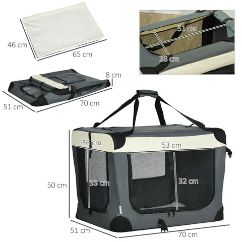 Rootz Transport Bag - Transport Box For Cats And Small Dogs - Foldable - 3 Doors - Gray + Black - 70 x 51 x 50 cm