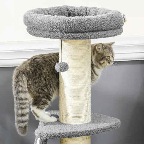 Rootz Scratching Post - One Platform - Hanging Play Ball - Sisal - Dark Grey + Cream White - 48 x 48 x 92cm