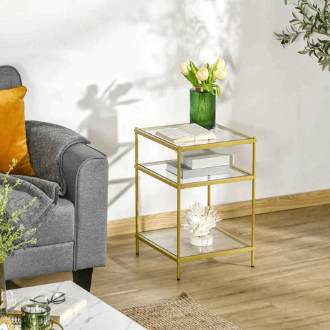 Rootz Side Table -  Coffee Table - Bedside Table - With 3 Glass Shelves - With Steel Frame - Tempered Glass/Steel - Gold - 40 x 40 x 60 cm