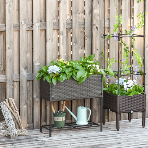 Rootz Flower Box - Raised Bed - Feet Flower Pot - Rattan Raised Bed - Shelf - Brown - 70 x 30 x 72 cm